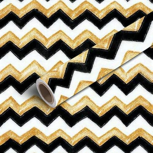 DERUINVAIO 45x300cm Peel and Stick Wallpaper Seamless Black Gold Zigzag Golden Black Zig zag Contact Paper Self Adhesive Removable Wallpaper Waterproof for Backsplash Bedroom Kitchen