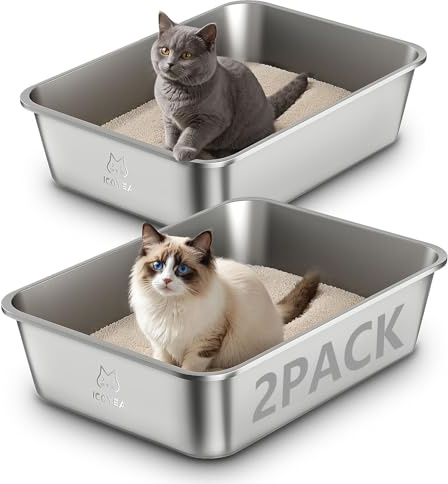 2-Pack Kattlådor i Rostfritt Stål, Stora och XXL Öppna Katttoaletter i Metall för Katter i Alla Storlekar och Kaniner, med Non-Stick Yta och Luktfri Design (2 Stück, 50x35x15cm)