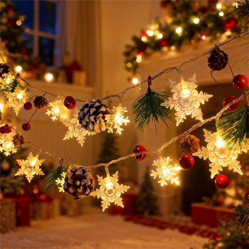 Weihnachtsdeko Lichterkette Schneeflocke, 2M 20 LED Lichterkette Weihnachten Schneeflocken Tannenzapfen lichterkette Batterie Außen Innen Wasserdicht lichterketten Beleuchtete für Weihnachtsdeko (A)