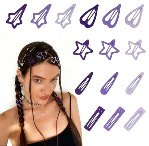 15 Pcs lila fermagli per capelli con chiusura a scatto per donne - Fermagli in metallo antiscivolo con motivo geometrico carino in 5 forme (stella, cuore, goccia, rettangolo, meteora)