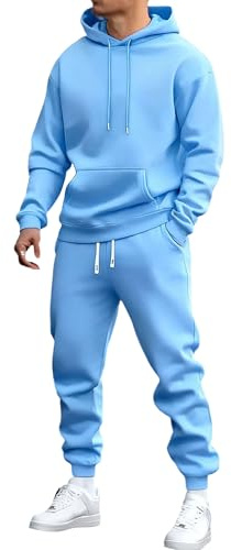 Herr Joggingset 2 delade outfits Herr Fleecehuva 2 delad träningsoverall Varm huvtröja med dragkedja och mjukisbyxor Sportig outfit Ljusblå Stor