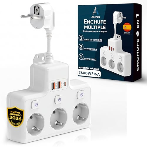 AKENZU©—Regletas Enchufes Proteccion Sobretension | Ladron Enchufes con Interruptor | Enchufe Multiple con USB | Base Enchufe Pared Interruptores Individuales | Regletas Enchufes Pared—Blanco