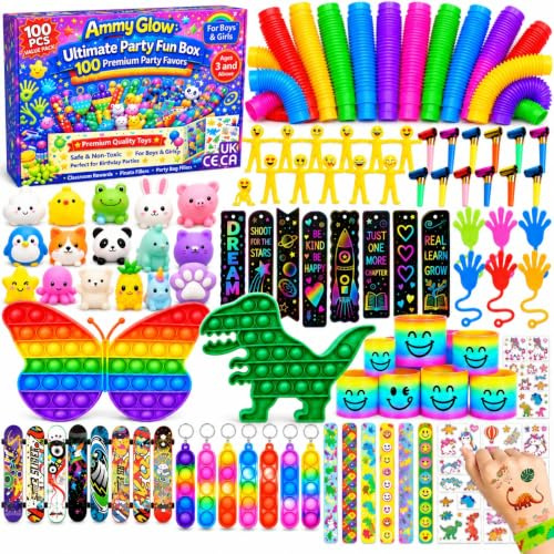 100PCS Premium Party Bag Fillers for Kids,Quality Sensory Toys & Scratch Art Activity Set,Party Bag Toys,Party Favours, Goodie Bag Fillers, Pinata Fillers, Classroom Prizes ,Magic Rainbow Sling
