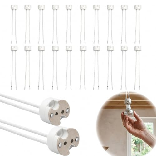20Pcs GU5.3/MR16 Lampenfassung mit 10cm Kabel, MR16 Keramik Fassung, 12V-250V, 2A Keramiksockel für LED und Halogen Strahler, kompatibel mit GU4 und GU5.3 Sockeln, Weiß