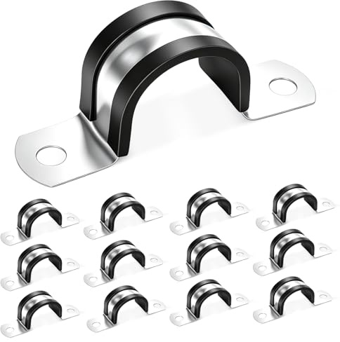 OSDUE 12PCS Pipe Strap Clamp, Ø 25 mm 304 Stainless Steel U Shaped Brackets | 2 Hole Conduits Clip, with Rubber Lined, Heavy Duty Pipes Clips for Water Pipes Gas Cable Hose Tube Pipes Fixing