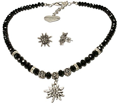 Alpenflüstern Trachtenschmuck-Set Perlen-Trachtenkette und Ohrstecker Strass-Edelweiß - Damen-Trachten-Schmuck, Trachtenset Dirndl-Kette und Trachten-Ohrringe in schwarz und Creme-weiß SET010