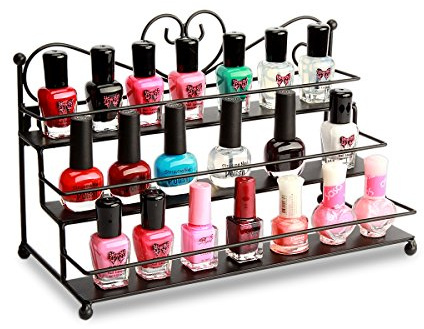 P&B Metal Nail Polish Wall Mounted Shelf Display Rack 3 Tiers Nail Polish Storage Organiser Lipstick Stand Hold 30 Bottles (Black)