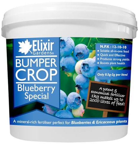Elixir Gardens Bumper Crop Blueberry Special Fertiliser | Soluble Feed for Blueberries, Raspberry & Strawberry Plants | 1kg - 20kg Supplied in Bag or Tub | NPK 12-10-10+ 4 | 10kg Resealable Tub