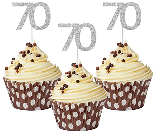 Sumerk 24PCS 70 Cupcake toppers Silver Glitter 70th Birthday Cupcake Picks Anniversary Party Decorations