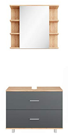 Vicco Badmöbel-Set Anthrazit/Goldkraft Eiche Ilias, bestehend aus Bad Spiegelschrank, Waschbeckenunterschrank - mit Fächern für Flexible Aufbewahrung