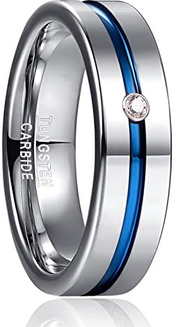 Phyoino Silber Wolfram Ringe mit Blau Groove und Zirkon Inlay 6mm Herren/Damen Polished Ring Größe 65(20,7)