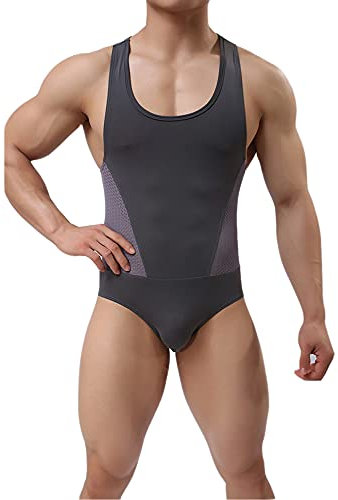 Herren Overall Kurzarm Bodysuit Slim Fit Körperformung Boxer Unterwäsche Jumpsuit Einterler Kompressionsshirt Sport Gymnastikanzug trainieren (L,Grau)