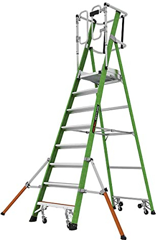 Little Giant Leitern 8 Stufen Sicherheitskäfig Serie 2 Arbeitsbühne, nicht leitfähig, hohe Sichtbarkeit, grünes Fiberglas, geschlossener Sicherheitskäfig, Arbeitsbühne, EN131-7