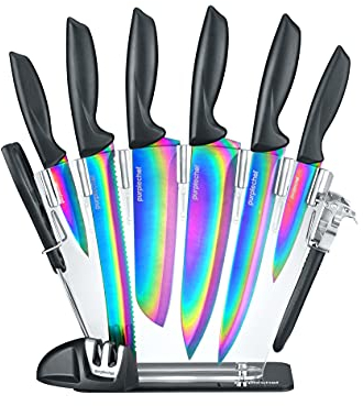 PurpleChef 10 Pieces Iridescent Rainbow Titanium Coated Kitchen Knives Set. Includes 6 Stainless Steel Knives, Scissors, Knife Sharpener, Peeler, and Clear Acrylic Stand.