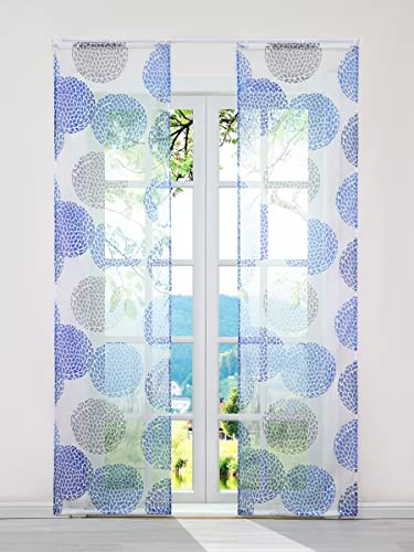 ESLIR 2er Set Flächenvorhänge Schiebegardinen Voile Gardinen mit Klettband Schiebevorhang mit Klettschiene Transparent Vorhang Kreis Muster Blau BxH 57x175cm 2 Stück