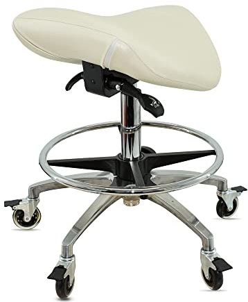 VAKON SALON - Sattelhocker mit Neigung Weiß, Sattelstuhl, Rollhocker höhenverstellbar von 55-75 cm mit Fußring, Drehhocker, Praxishocker, Bürohocker, Arbeitshocker