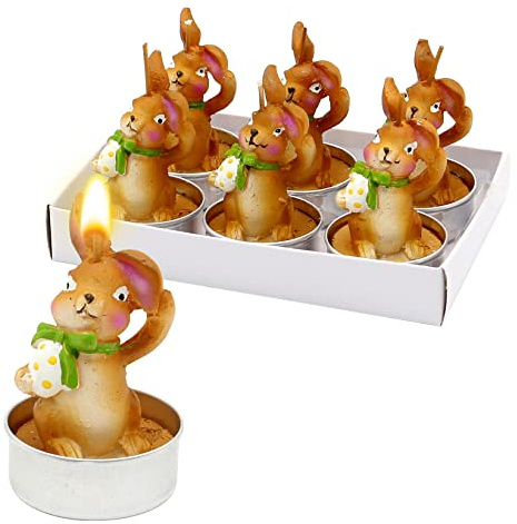 Dekohelden24 Dekohelden24 - Vela de té de Pascua con huevo de Pascua, 6 unidades, tamaño aprox. 4,5 x 6 cm, color marrón con huevo, 6 cm, 6 cm