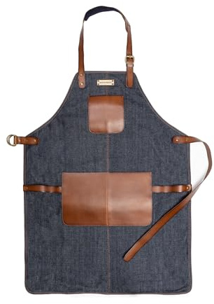 DRAKENSBERG 'Bob' - Delantal BBQ y de cocinero profesional de denim y cuero, para barbacoa, gastro, bar, barista, regalo para hombres, sostenible hecho a mano, retro-vintage, azul, marrón, DR00283