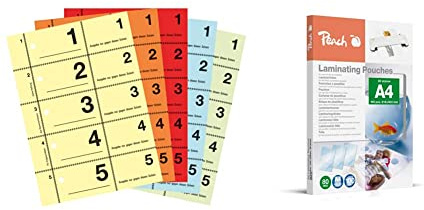 AVERY Zweckform 867-5 Garderobennummern, gelb, orange, rot, blau, grün & Peach Laminierfolie A4-80 mic - 100 St. - glänzend - Premiumqualität für beste Laminierergebnisse - PP580-02