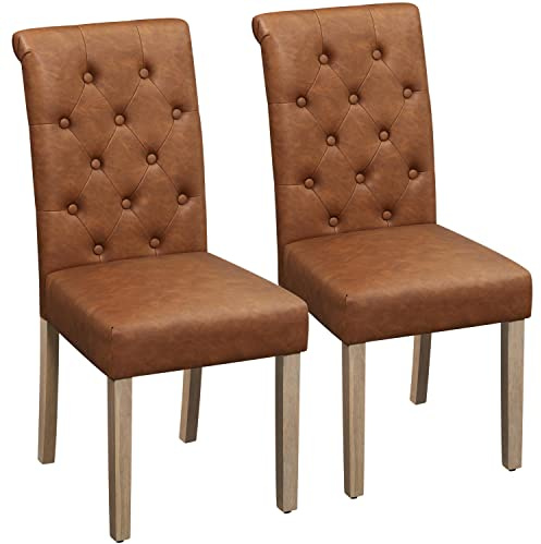 Yaheetech Juego de 2 Sillas de Comedor Acolchada de Piel sintética Marrón | Ergonómico, Diseño Moderno, con Respaldo Alto, Montaje Rápido, Tejido transpirable, Silla para Comedor Cocina