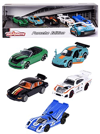 Majorette - Porsche Geschenk-Set (5er-Set Spielzeugautos) - 5 Modellautos (je 7,5, cm) inkl. 2 exklusiver Automodelle, für Kinder ab 3 Jahre, Blau,grün,schwarz,weiß