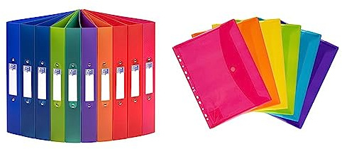 Oxford Ringbuch A4, Rückenbreite 4 cm, 2 Ringe, Kunststoff, 8 Farben, 10 Stück & Dokumenten-Mappen A4, Taschen mit Klett-Verschluss, zum Abheften, sortiert, Mehrfarbig, 6er Pack