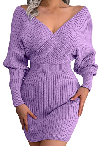 Chnnamzu Pull Robe Femme Automne Hiver Manche Longue Casual Mini Dress Tricoté Col Haut Robe Côtelé Robe Lâche Chaude Casual Élégante Mini Robe Crayon Cocktail