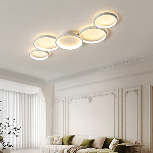 LED Deckenleuchte Moderne Wohnzimmer Lampe weiß Kreative 5 Ringe Design Deckenlampe Schlafzimmer Büro Deckenbeleuchtung Designer pendelleuchten Mit Fernbedienung Einstellbar Lichtfarbe/Helligkeit