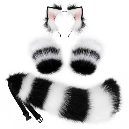 Asudaro Plüsch Tier Fuchs Wolf Katze Schwanz Erwachsene Cosplay Kostüm Set Kunstpelz Ohren Haarband Tier Langer Schwanz Tier Pfoten Handschuhe Halloween Weihnachten Rollenspiel Schwarz