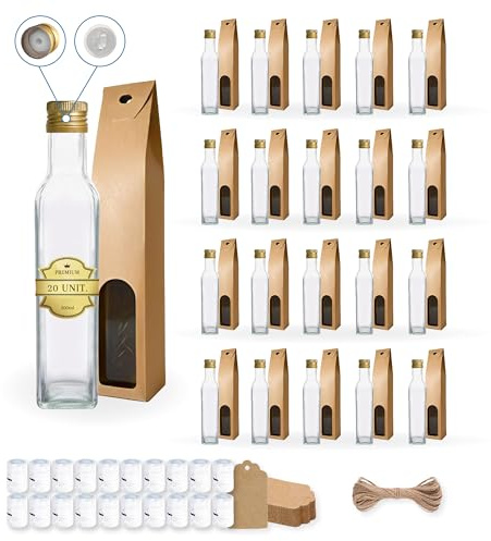 Espirito Rebelde Set 20 Botellas de Cristal 500 ml con Tapón Dorado y Boquilla + 20 Cajas + 20 Sellos + 20 Etiquetas Kraft y Cuerda – Aceitera de Regalo