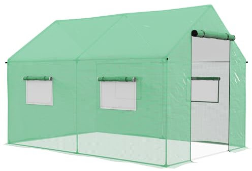 Outsunny 2 x 3 m Walk-in Polytunnel Greenhouse with Wide Roll-up Door, 4 Mesh Windows, Tunnel Warm House Tent with UV-resistant PE Cover, Green