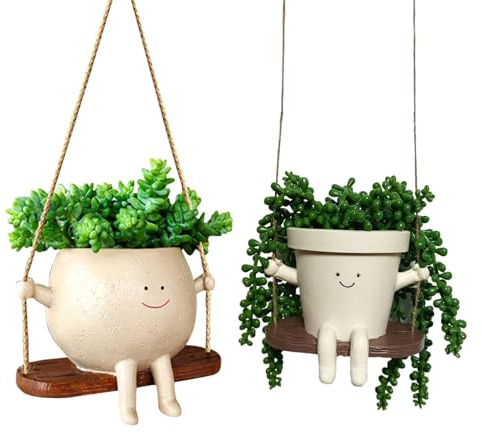 ALINUOYQ 2er-Pack Pflanzgefäße mit schwingendem Gesicht, hängende Pflanzgefäße für drinnen und draußen, Blumentopf mit lächelndem Gesicht aus Kunstharz für Sukkulenten mit Perlenkette, Wandp