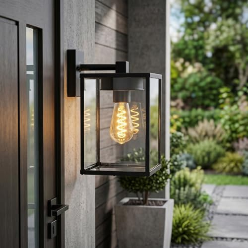 HOFSTEIN Applique extérieure Gramilla, lampe murale en métal/verre noir/clair, lampe d'extérieur à 1 flamme en optique grille, 1 x E27,sans ampoules, IP44
