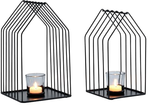 Marrakesch 2er Set Skandinavische Deko Teelichthalter aus Metall & Glas 28cm groß schwarz | Windlicht Carlon als Frühling Wohnzimmer Tisch Deko | Exquisite Kerzenständer Dekoration für Teelichter