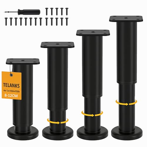 TELANKS 4er Set Möbelfüße Höhenverstellbar 8-12 cm, Bettstütze Mittelbalken | 450 kg Belastbarkeit, Rostbeständige Metall Möbelbeine für Bett, Sofa, Couchtisch, TV-Möbel und DIY-Projekte mit Stabiler