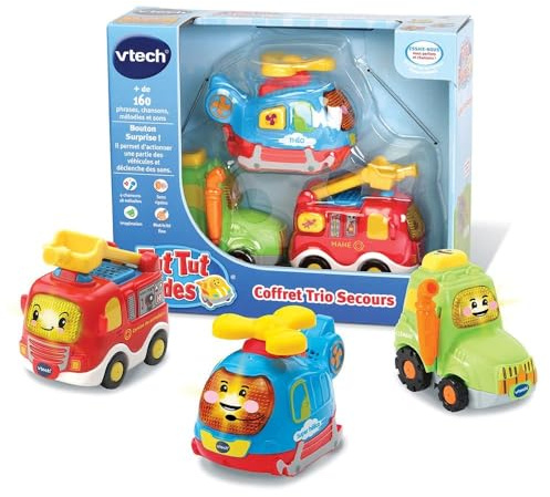 VTech - Tut Tut Bolides, Coffret Trio Secours, 3 Voitures Interactives, Camion de Pompiers, Tracteur et Hélicoptère + Mon Premier Garage Interactif avec Camion Éthan Pro de la Dépanne, Garage Voitures