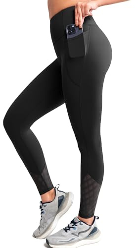 Yvette Mesh Sport Leggings Damen Fitness Sporthose mit Tasche Blickdicht Gym Lauf Leggins, Schwarz,L