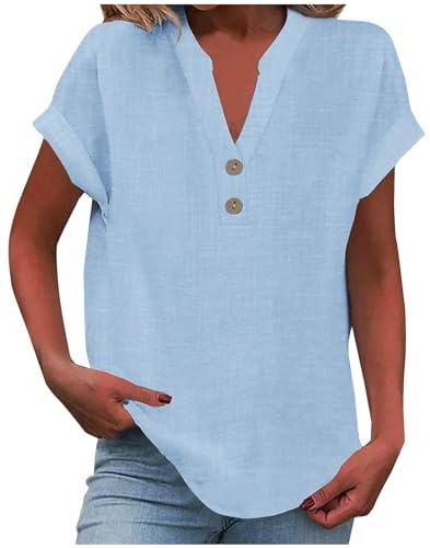 riou Camisa Mujer Verano Algodón y Lino con Botones Moda Color sólido Blusa Cuello en V Camiseta Elegante Basic Tops Fiesta Suelto T-Shirt Casual Oficina Original Cómodo tee