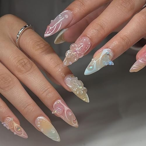 TELAIN 24 Stück 3D Blüten Press on Nails French, Künstliche Nägel, Fake Nails, Kunstnägel Zum Aufkleben, Klebenägel Fingernägel, Press ons Kunstnägel Set zum Aufkleben Frencho
