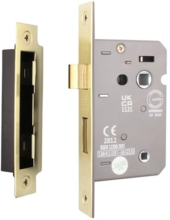EAI Satin Brass Bathroom Lock, 80mm / 3 Inch, Fire Rated, Pack of 2 | Mortice Lock for Internal Doors with 57mm Backset, 30/60 Minute Fire Tested, Adjustable Keep, Dust Box and Fixings Included
