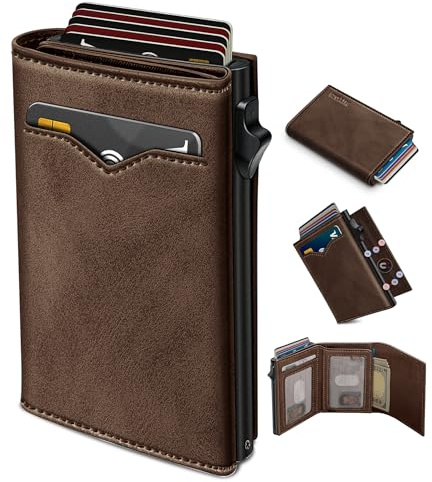 miyozi Wallet for Men,with Cash Pocket 2 ID Window 9-13 Cards,Metal Case Smart Slim Pop Up Credit Card Holder Flip with Magnetic Closure RFID Blocking Trifold wallet with Gift Box