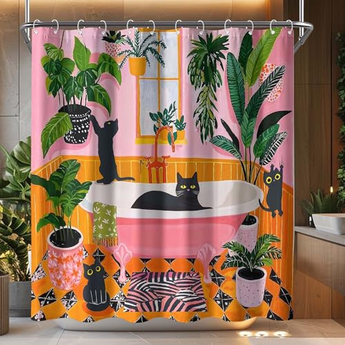 Duschvorhang mit lustiger Katze, Boho, niedlich, lustig, Schwarze Katzen, Matisse, für Badezimmer, grün, Tropische Pflanzen, Blätter, rosa, orange, gelb, wasserdichter Stoff, Dekoration, 183 x 183 cm
