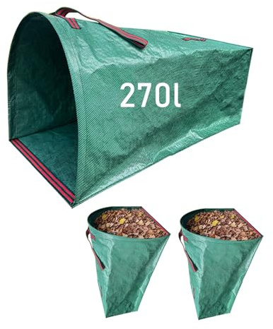 2 sacchi per la spazzatura da giardino da 270 l, grandi sacchetti riutilizzabili con manici, per foglie e rifiuti verdi, attrezzi da giardino pieghevoli
