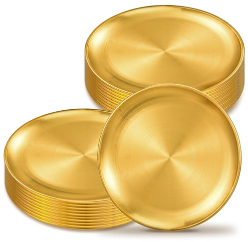 MBAIYO 20Pcs 6.5 Inch Gold Stainless Steel Dinner Plates, Round Dessert Serving Trays Gold Dessert Plates for BBQ Salad Snack Camping Dishwasher Safe