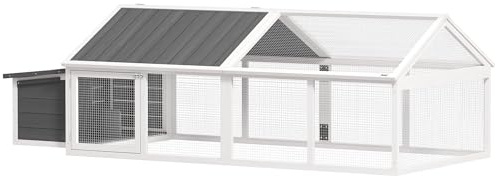 PawHut Pollaio per esterni, 240 x 112,5 x 76 cm, pollaio in legno con tetto ribaltabile, recinto e porte con chiusura a chiave e nido per galline, conigli, anatre, bianco e grigio