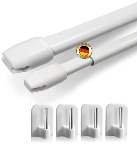 Rollina Gardinenstange ohne Bohren | 2x Vitragestange 100-150cm, Weiß | Inklusive 4 Klebehaken für glatte Oberflächen | Für Küche, Bad & Fenster | Zum Kleben | Made in Germany | Stabil
