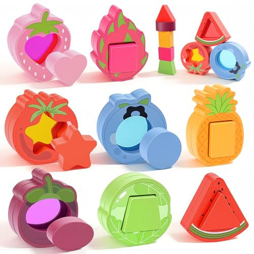 Montessori Spielzeug ab 1 Jahr Holz - Steckspiel & Sortierspiel Formen | 8 Obst und Gemüsesorten zum Formsortieren fördern die Motorik, als Kinderspielzeug ab 1 Jahr Geschenk für Mädchen und Junge