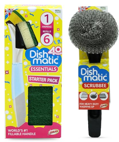 Dish Brush Set with Scrubbing Brush – Dish Cleaning Brush Starter Kit & Heavy Duty Scourer Brush for Washing Up | Refillable Handle Kitchen Cleaning Tool for Dishes Pots & Pans