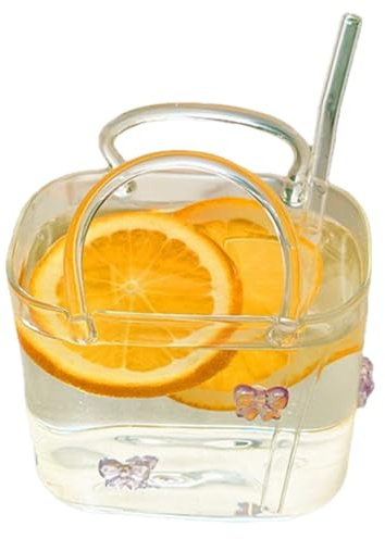 DXPETA Glass Purse for Drink with Straws, Cute Glass Cup and Small Glass Vase for Flowers, Elegant Cocktail Set for Various Beverages, Compact Drink Glasses with Practical Bag Vase Design