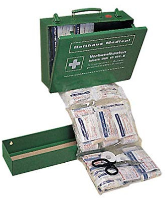MBS-FIRE® Grande Boîte de Premiers Secours Trousse de Soins Trousse Pharmacie Entreprise DIN 13169-E en Tôle d'Acier et Métal avec Support Mural Vert